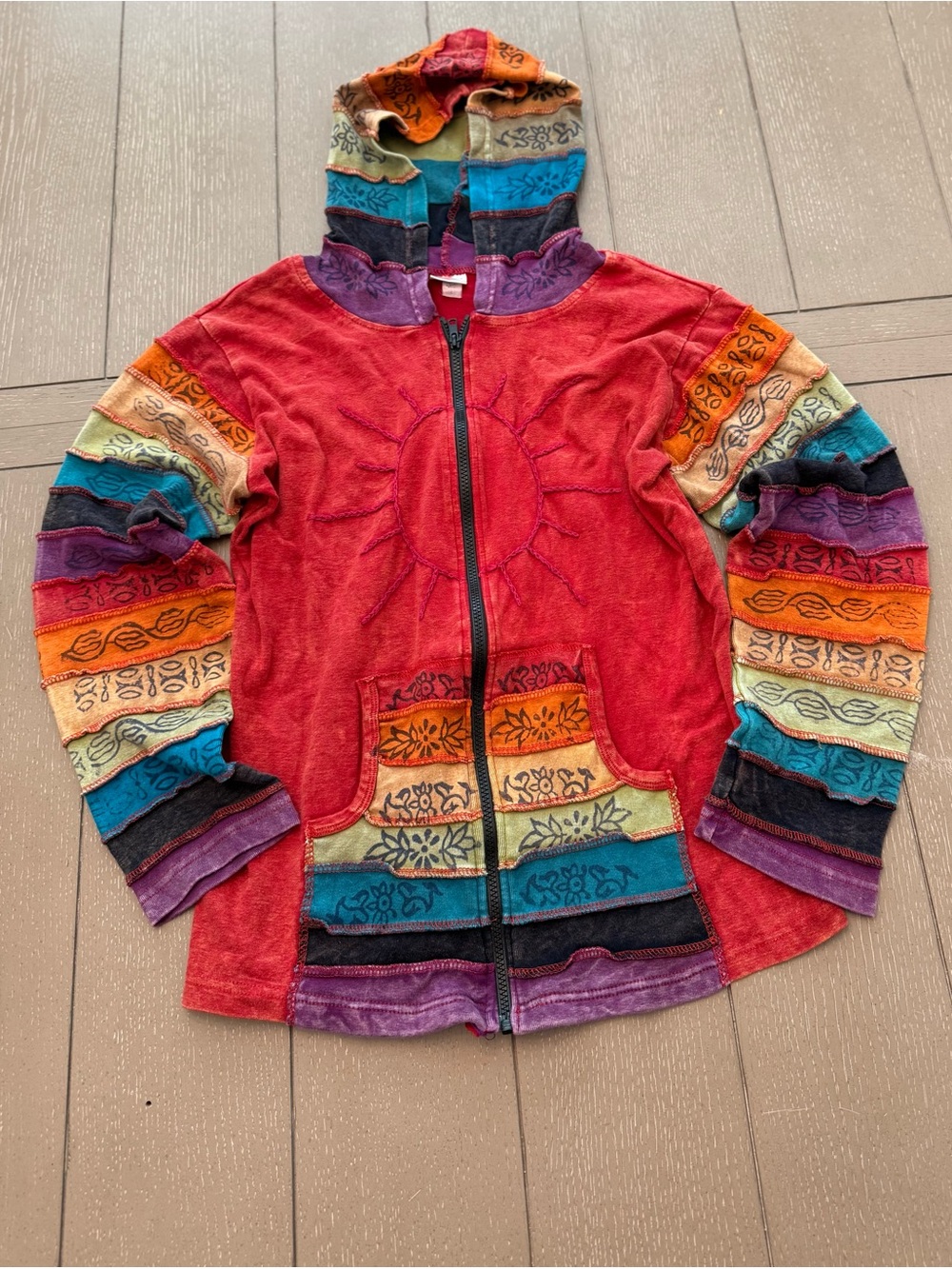 Red Multicolor Hooded Zip Jacket w/ Patterned Sleeve Panels Greater Good Network